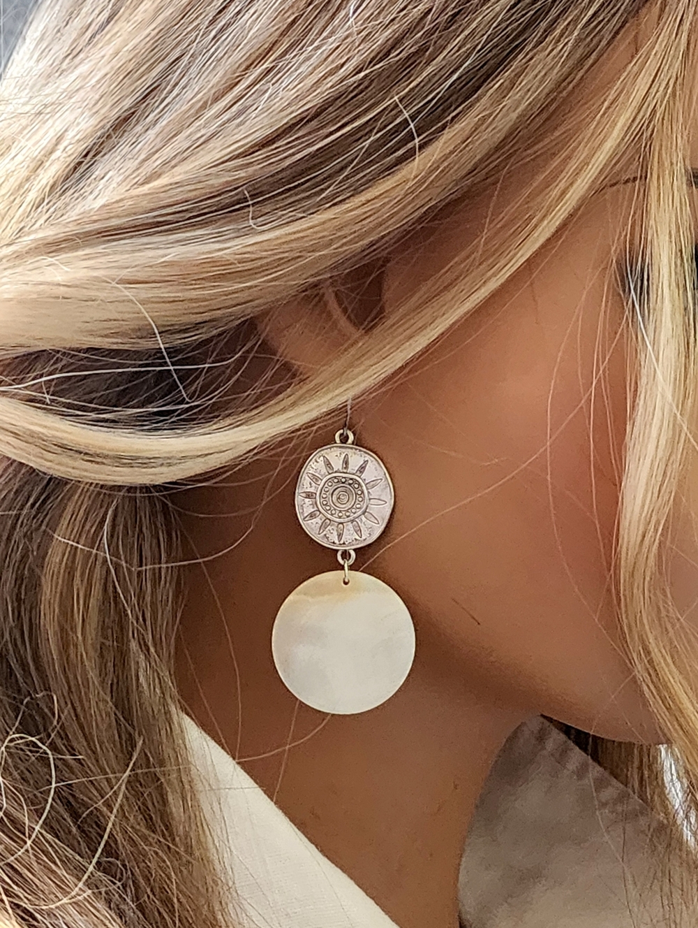 Mother Of Pearl Silver Inka Coin Hypoallergenic Earrings Designer Jewelry